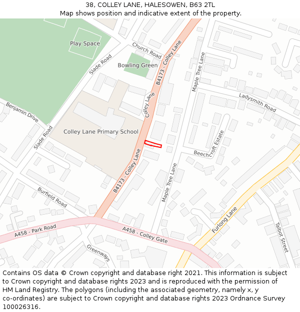 38, COLLEY LANE, HALESOWEN, B63 2TL: Location map and indicative extent of plot