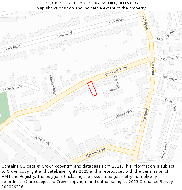 38, CRESCENT ROAD, BURGESS HILL, RH15 8EG: Location map and indicative extent of plot