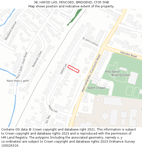 38, HAFOD LAS, PENCOED, BRIDGEND, CF35 5NB: Location map and indicative extent of plot