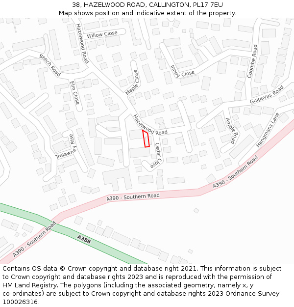 38, HAZELWOOD ROAD, CALLINGTON, PL17 7EU: Location map and indicative extent of plot