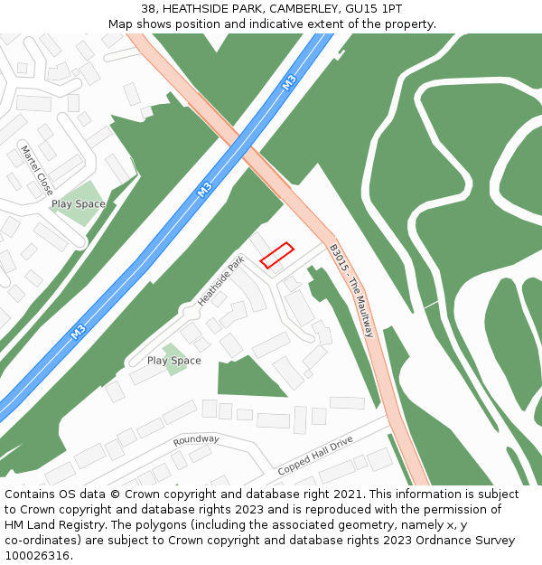 38, HEATHSIDE PARK, CAMBERLEY, GU15 1PT: Location map and indicative extent of plot