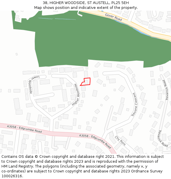 38, HIGHER WOODSIDE, ST AUSTELL, PL25 5EH: Location map and indicative extent of plot