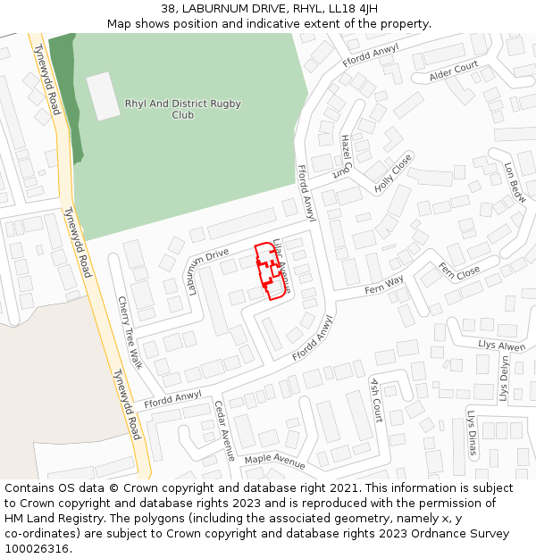 38, LABURNUM DRIVE, RHYL, LL18 4JH: Location map and indicative extent of plot