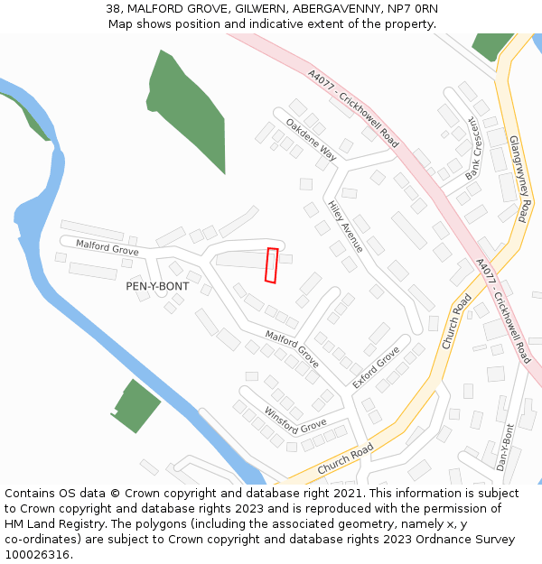 38, MALFORD GROVE, GILWERN, ABERGAVENNY, NP7 0RN: Location map and indicative extent of plot