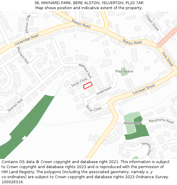38, MAYNARD PARK, BERE ALSTON, YELVERTON, PL20 7AR: Location map and indicative extent of plot