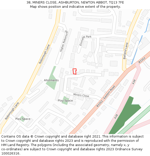 38, MINERS CLOSE, ASHBURTON, NEWTON ABBOT, TQ13 7FE: Location map and indicative extent of plot