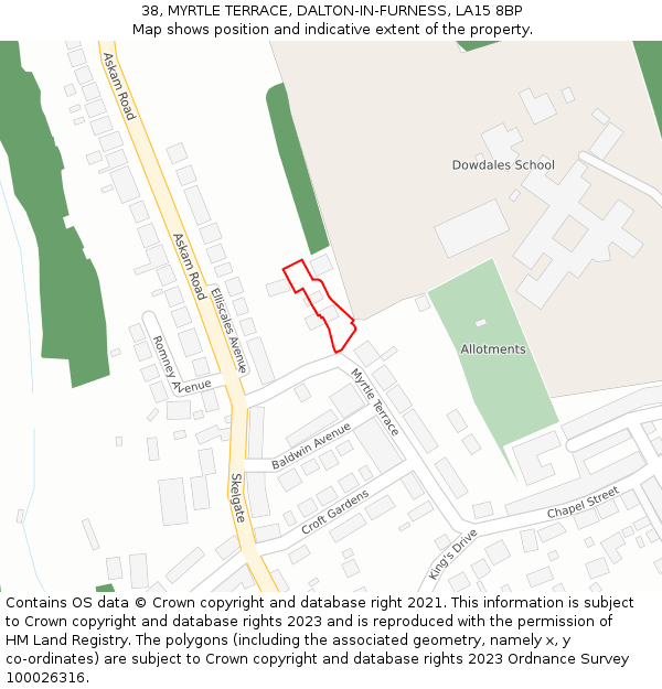 38, MYRTLE TERRACE, DALTON-IN-FURNESS, LA15 8BP: Location map and indicative extent of plot