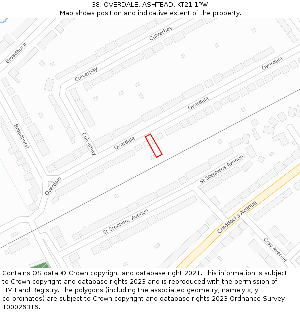 38, OVERDALE, ASHTEAD, KT21 1PW: Location map and indicative extent of plot