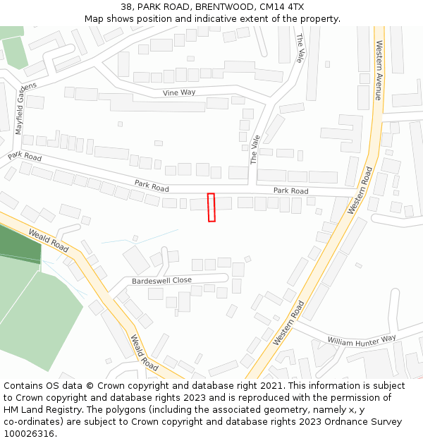 38, PARK ROAD, BRENTWOOD, CM14 4TX: Location map and indicative extent of plot