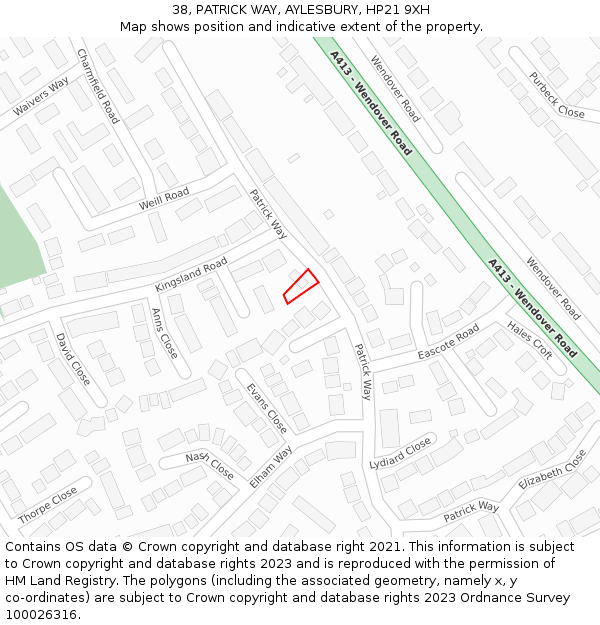 38, PATRICK WAY, AYLESBURY, HP21 9XH: Location map and indicative extent of plot