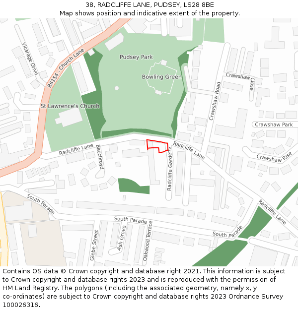 38, RADCLIFFE LANE, PUDSEY, LS28 8BE: Location map and indicative extent of plot