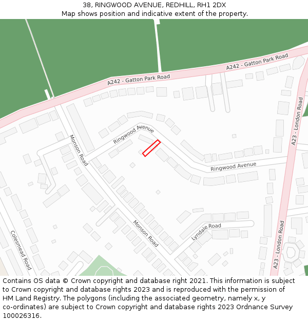 38, RINGWOOD AVENUE, REDHILL, RH1 2DX: Location map and indicative extent of plot