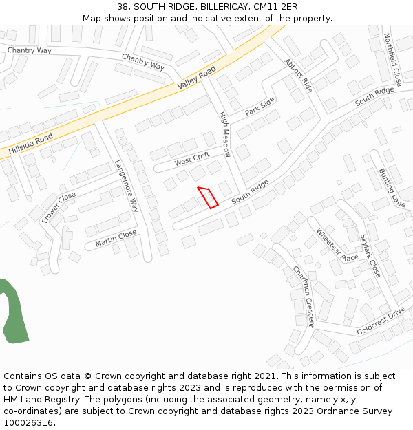 38, SOUTH RIDGE, BILLERICAY, CM11 2ER: Location map and indicative extent of plot