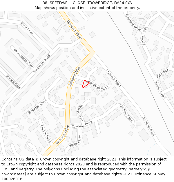 38, SPEEDWELL CLOSE, TROWBRIDGE, BA14 0YA: Location map and indicative extent of plot