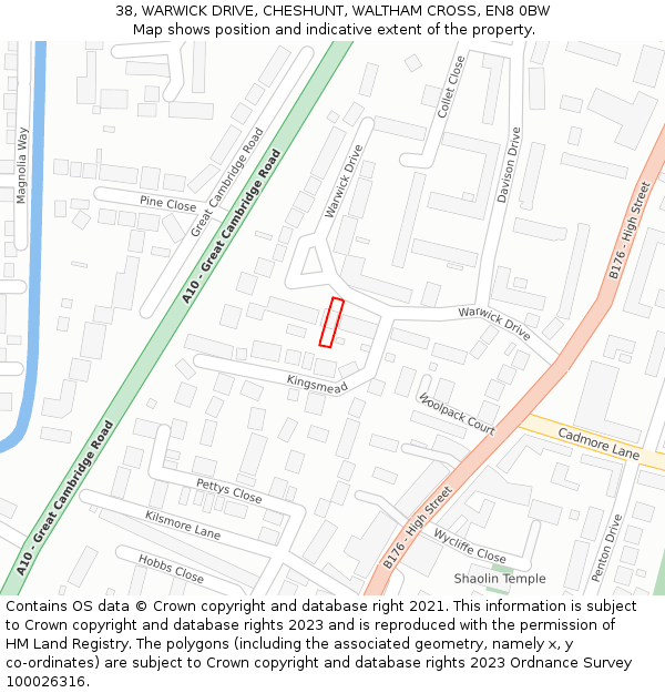 38, WARWICK DRIVE, CHESHUNT, WALTHAM CROSS, EN8 0BW: Location map and indicative extent of plot