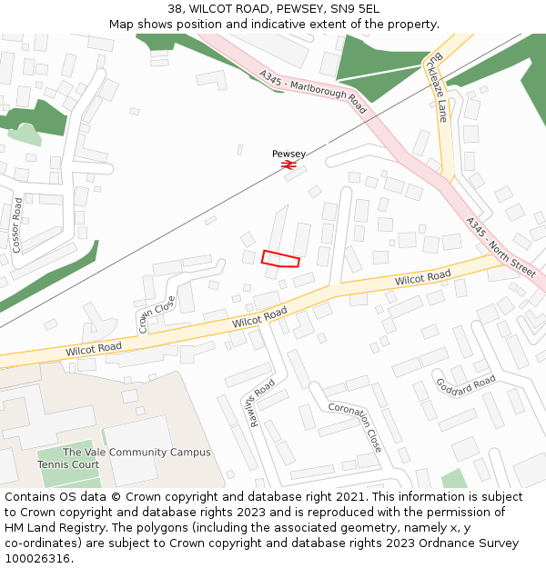 38, WILCOT ROAD, PEWSEY, SN9 5EL: Location map and indicative extent of plot