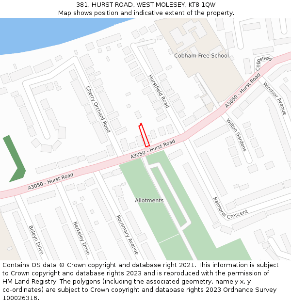 381, HURST ROAD, WEST MOLESEY, KT8 1QW: Location map and indicative extent of plot