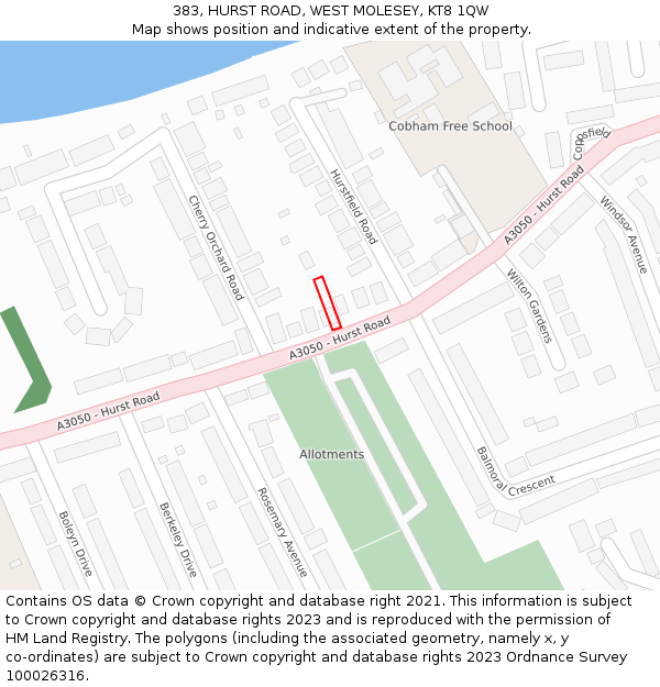 383, HURST ROAD, WEST MOLESEY, KT8 1QW: Location map and indicative extent of plot