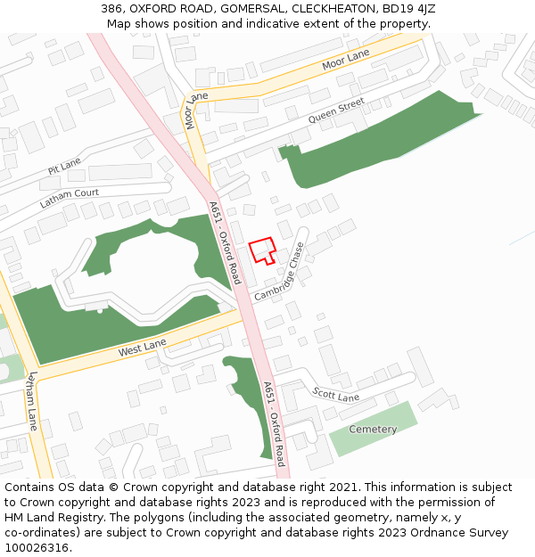 386, OXFORD ROAD, GOMERSAL, CLECKHEATON, BD19 4JZ: Location map and indicative extent of plot