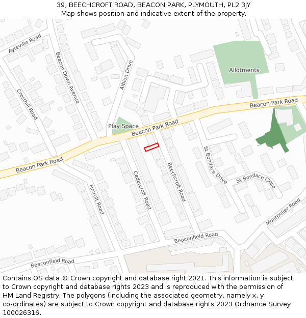 39, BEECHCROFT ROAD, BEACON PARK, PLYMOUTH, PL2 3JY: Location map and indicative extent of plot