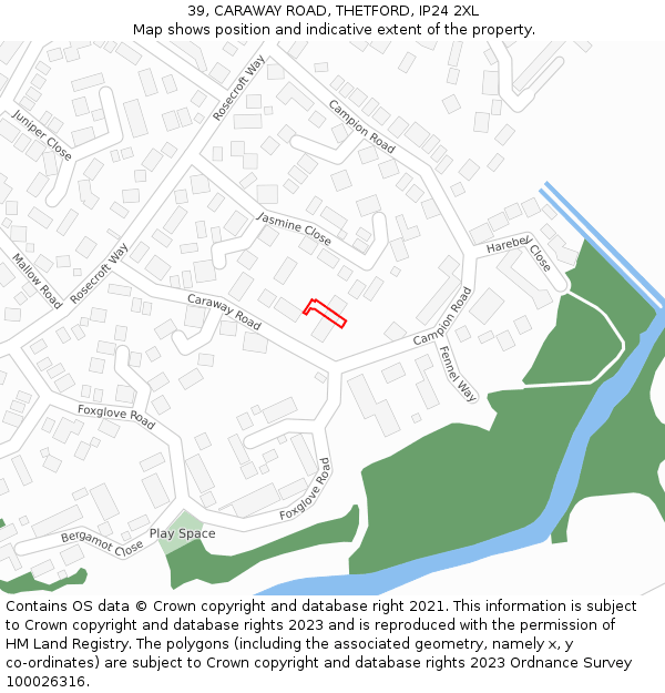 39, CARAWAY ROAD, THETFORD, IP24 2XL: Location map and indicative extent of plot