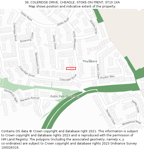 39, COLERIDGE DRIVE, CHEADLE, STOKE-ON-TRENT, ST10 1XA: Location map and indicative extent of plot