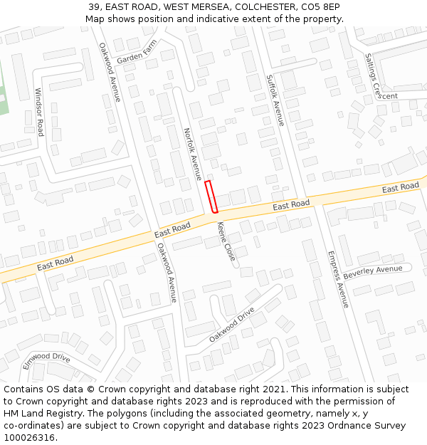 39, EAST ROAD, WEST MERSEA, COLCHESTER, CO5 8EP: Location map and indicative extent of plot