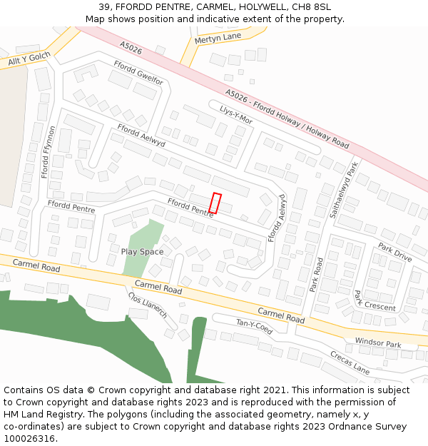 39, FFORDD PENTRE, CARMEL, HOLYWELL, CH8 8SL: Location map and indicative extent of plot