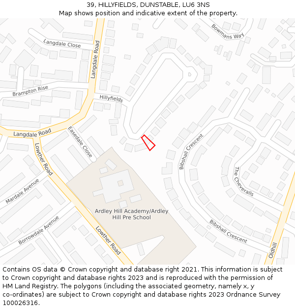 39, HILLYFIELDS, DUNSTABLE, LU6 3NS: Location map and indicative extent of plot