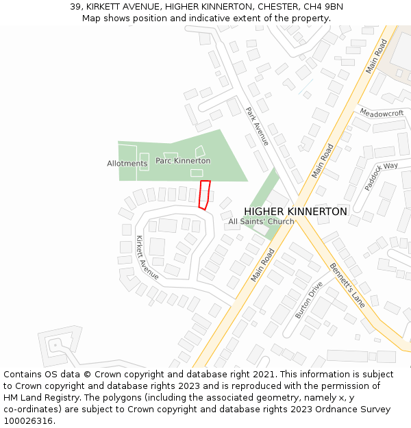 39, KIRKETT AVENUE, HIGHER KINNERTON, CHESTER, CH4 9BN: Location map and indicative extent of plot