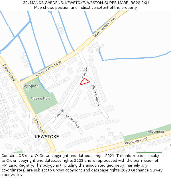 39, MANOR GARDENS, KEWSTOKE, WESTON-SUPER-MARE, BS22 9XU: Location map and indicative extent of plot