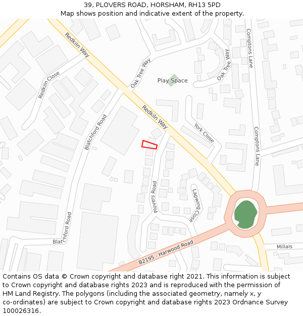 39, PLOVERS ROAD, HORSHAM, RH13 5PD: Location map and indicative extent of plot