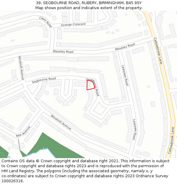 39, SEGBOURNE ROAD, RUBERY, BIRMINGHAM, B45 9SY: Location map and indicative extent of plot