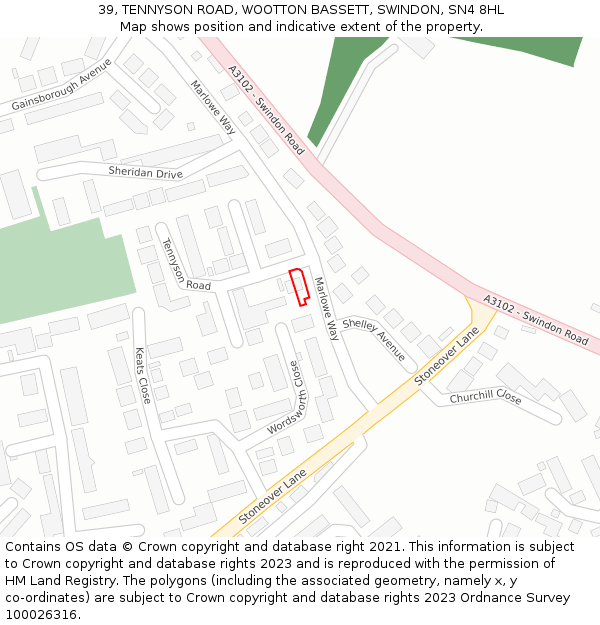 39, TENNYSON ROAD, WOOTTON BASSETT, SWINDON, SN4 8HL: Location map and indicative extent of plot