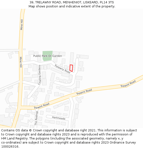 39, TRELAWNY ROAD, MENHENIOT, LISKEARD, PL14 3TS: Location map and indicative extent of plot