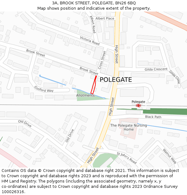 3A, BROOK STREET, POLEGATE, BN26 6BQ: Location map and indicative extent of plot
