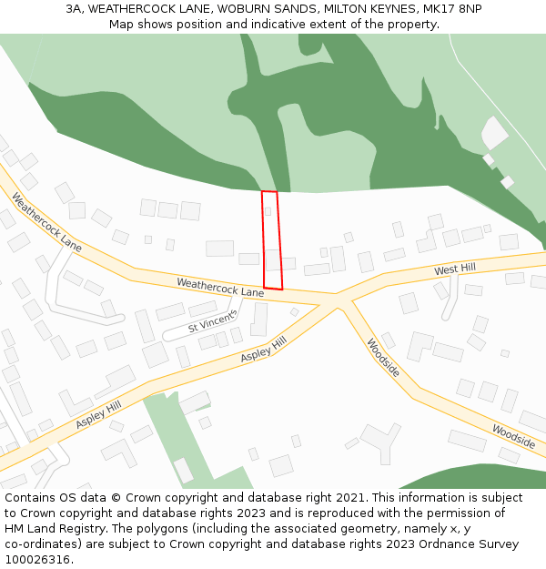 3A, WEATHERCOCK LANE, WOBURN SANDS, MILTON KEYNES, MK17 8NP: Location map and indicative extent of plot