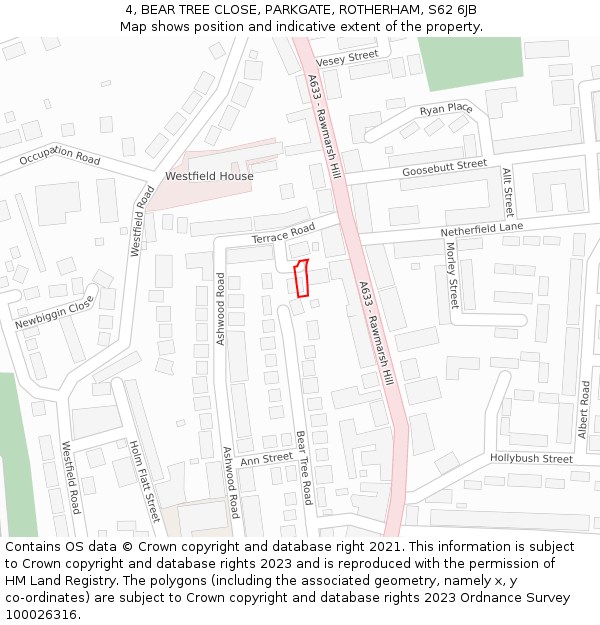 4, BEAR TREE CLOSE, PARKGATE, ROTHERHAM, S62 6JB: Location map and indicative extent of plot