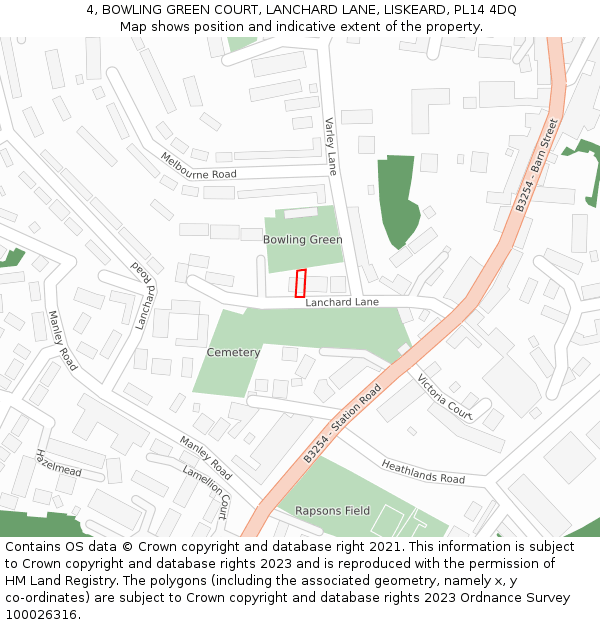 4, BOWLING GREEN COURT, LANCHARD LANE, LISKEARD, PL14 4DQ: Location map and indicative extent of plot