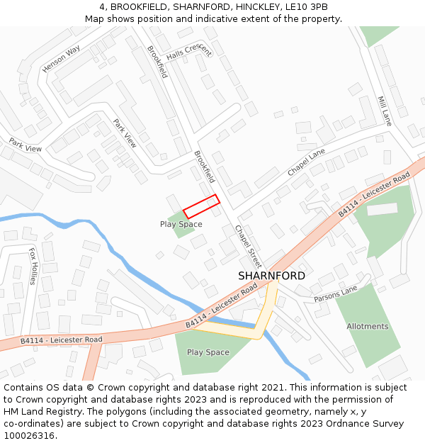 4, BROOKFIELD, SHARNFORD, HINCKLEY, LE10 3PB: Location map and indicative extent of plot