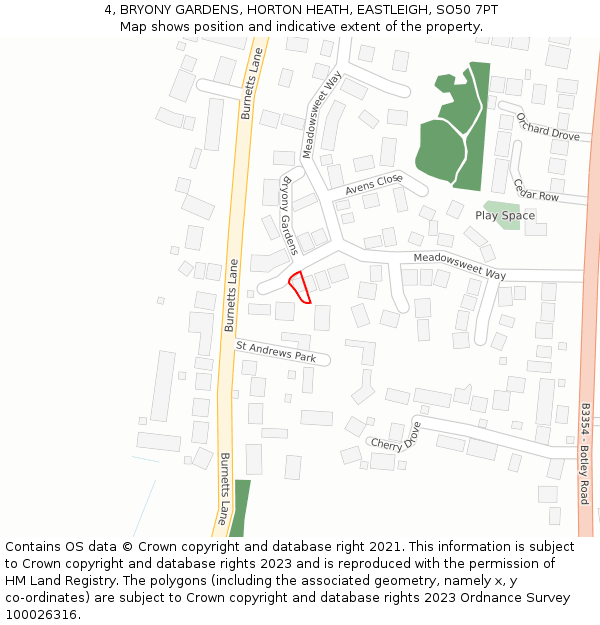 4, BRYONY GARDENS, HORTON HEATH, EASTLEIGH, SO50 7PT: Location map and indicative extent of plot