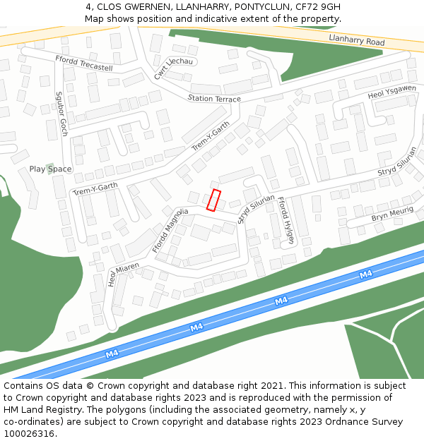 4, CLOS GWERNEN, LLANHARRY, PONTYCLUN, CF72 9GH: Location map and indicative extent of plot