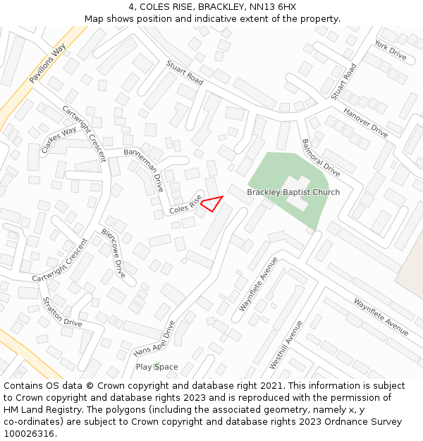 4, COLES RISE, BRACKLEY, NN13 6HX: Location map and indicative extent of plot