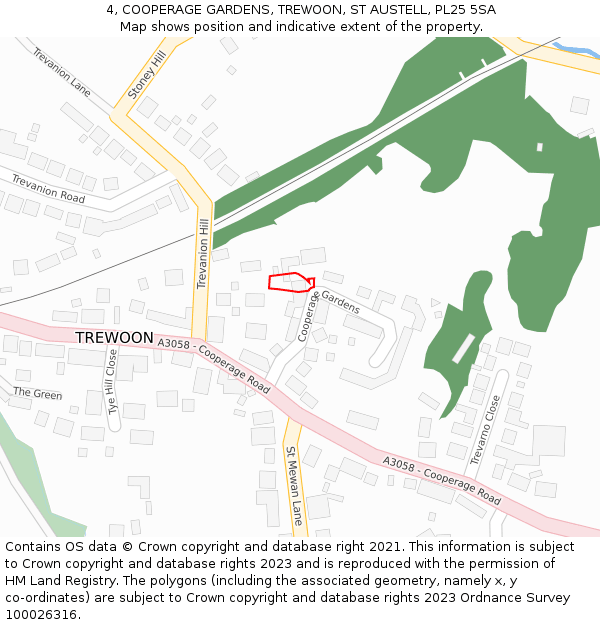 4, COOPERAGE GARDENS, TREWOON, ST AUSTELL, PL25 5SA: Location map and indicative extent of plot