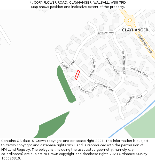 4, CORNFLOWER ROAD, CLAYHANGER, WALSALL, WS8 7RD: Location map and indicative extent of plot