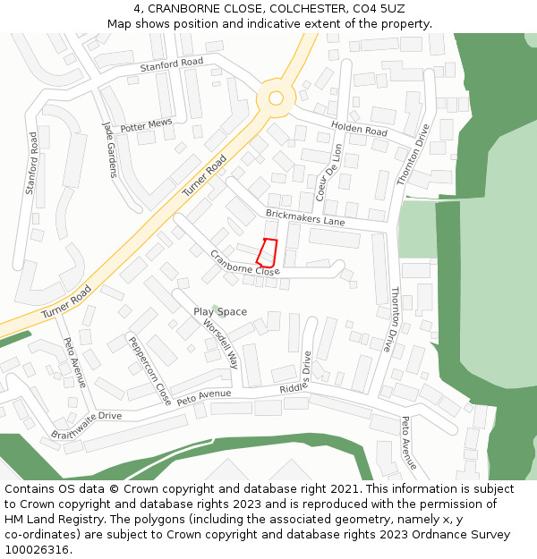 4, CRANBORNE CLOSE, COLCHESTER, CO4 5UZ: Location map and indicative extent of plot