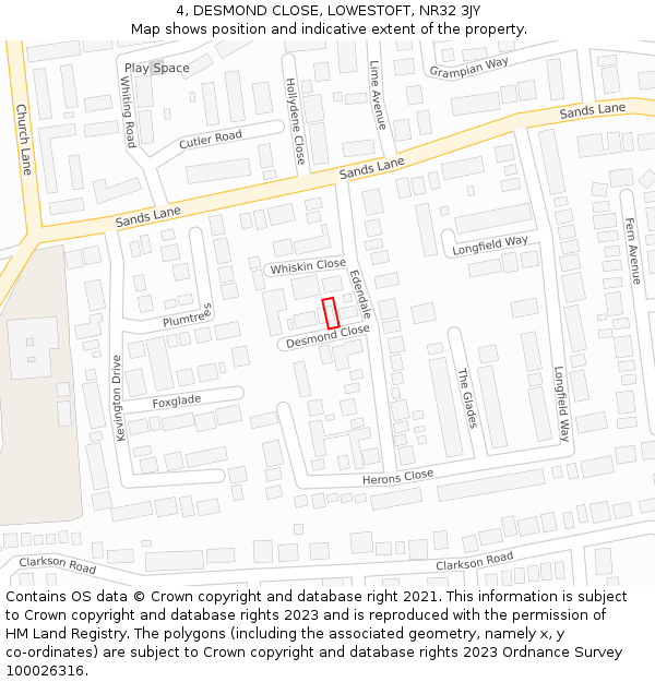 4, DESMOND CLOSE, LOWESTOFT, NR32 3JY: Location map and indicative extent of plot