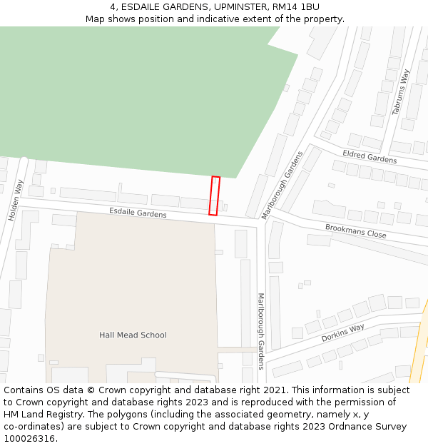 4, ESDAILE GARDENS, UPMINSTER, RM14 1BU: Location map and indicative extent of plot