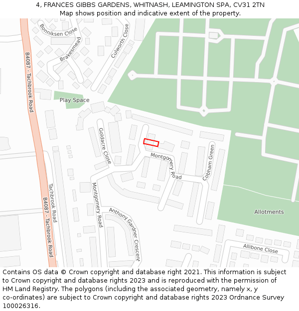 4, FRANCES GIBBS GARDENS, WHITNASH, LEAMINGTON SPA, CV31 2TN: Location map and indicative extent of plot