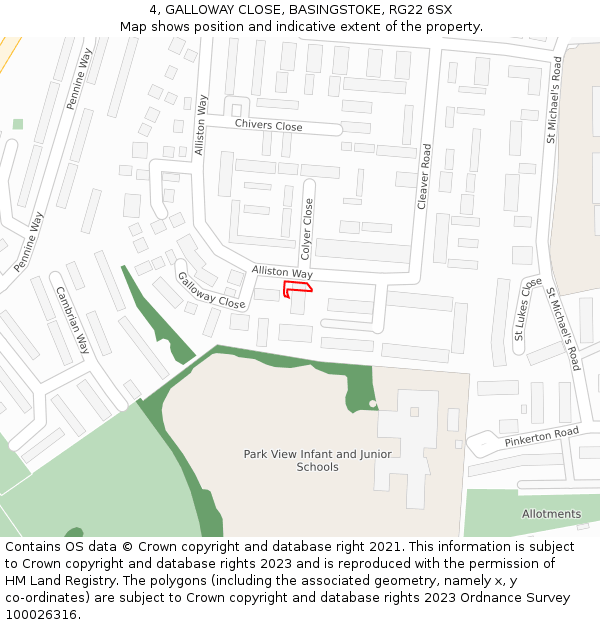 4, GALLOWAY CLOSE, BASINGSTOKE, RG22 6SX: Location map and indicative extent of plot